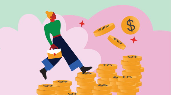 Illustration of a person walking on stacks of coins, holding a briefcase, with floating dollar signs in the background.