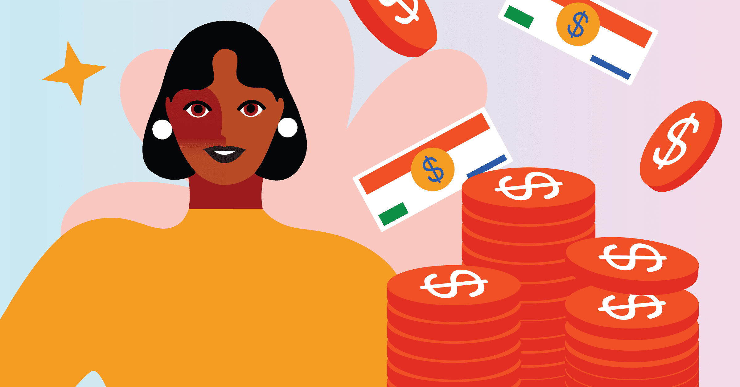 Illustration of a smiling person next to stacks of coins and paper bills, featuring currency symbols, highlighting financial wellness.