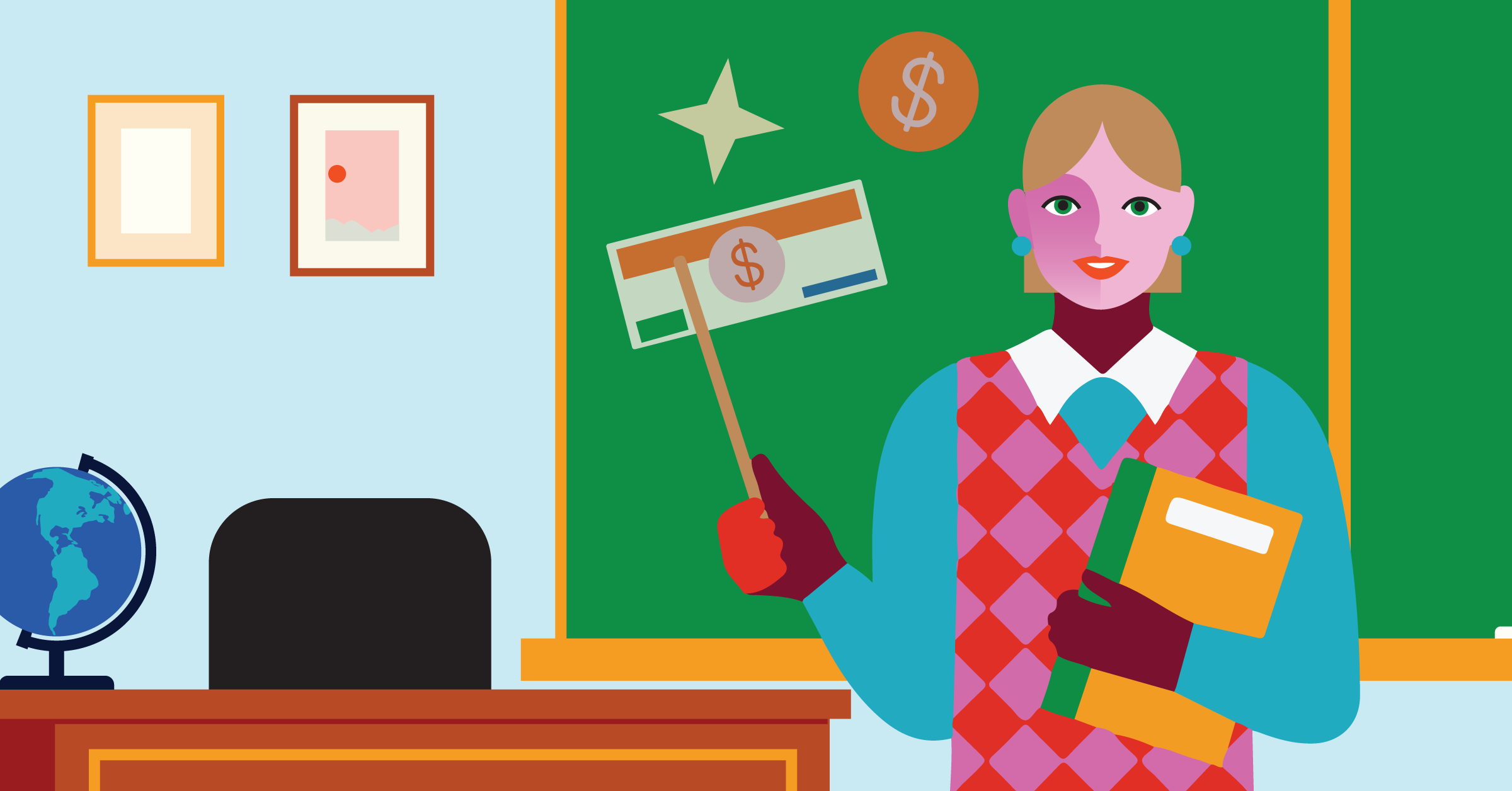 Illustration of a teacher holding a pointer and a book in a classroom setting with a chalkboard, desk, and globe.