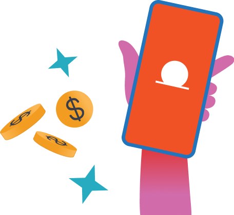Illustration of a hand holding a smartphone with a red screen, next to floating coins with dollar signs and two blue stars.