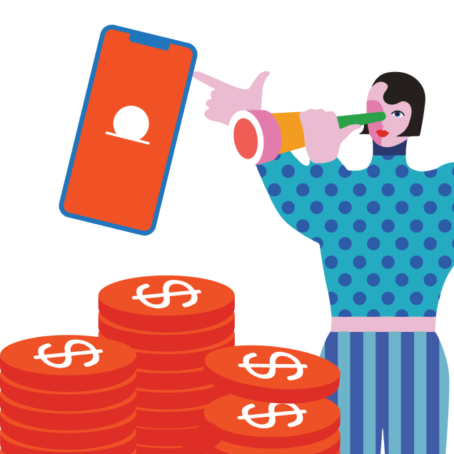 Illustration of a person using a telescope to look at a smartphone, with large stacks of coins featuring dollar signs in the foreground.