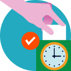 A hand inserts a card into a time clock machine, with an orange checkmark nearby, suggesting completion or approval.