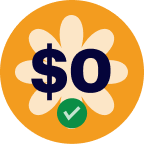 A graphic shows a yellow circle with a white flower, a large "$0" in the center, and a green checkmark below it.