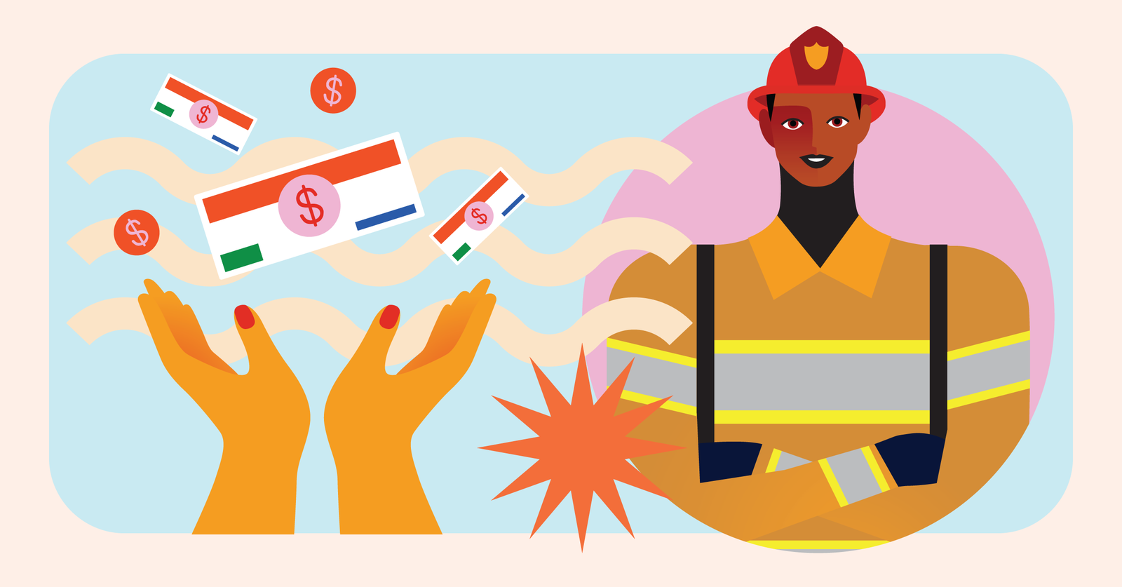 Illustration of a firefighter in uniform with arms crossed, standing next to floating money bills and coins being caught by hands.