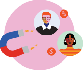 A magnet attracts illustrated portraits of a man and woman with dollar signs, set against a pink circular background.