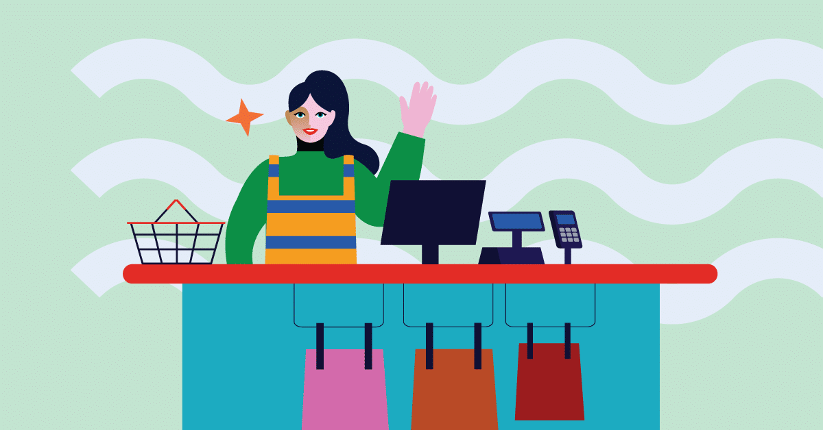 Illustration of a person in a green and yellow uniform standing behind a counter with a cash register, holding a hand up. Shopping bags hang below the counter, with a basket on the left.