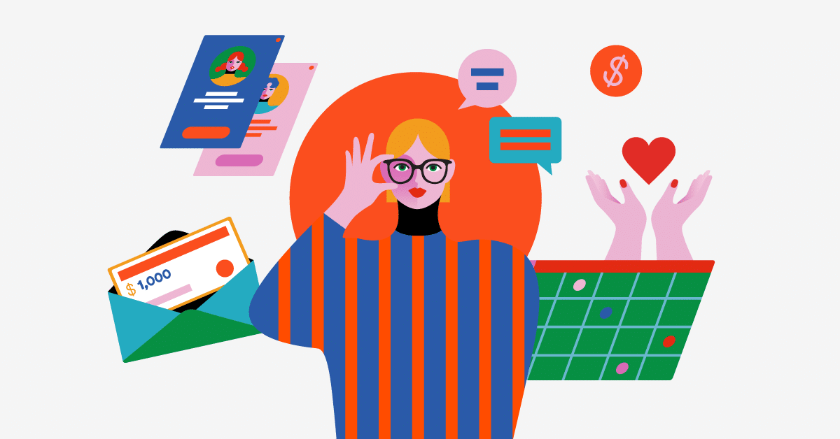 Illustration of a person with glasses holding their hand in an 'okay' gesture surrounded by icons representing communication, money, love, and scheduling.