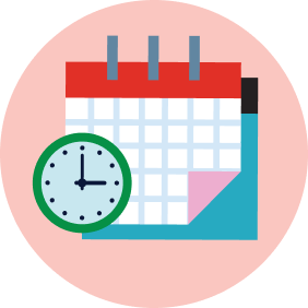 Illustration of a calendar with a clock in front, set against a pink circular background.