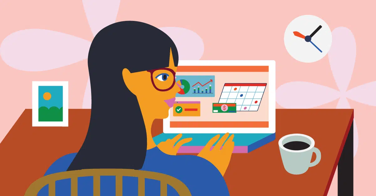 An illustrated person with long dark hair uses a laptop at a desk with a coffee cup, photo frame, and wall clock in the background. The laptop screen shows charts and a calendar.